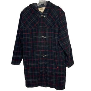 Woolrich Black Plaid Hooded Wool Pea Trench  Coat. Size Medium.